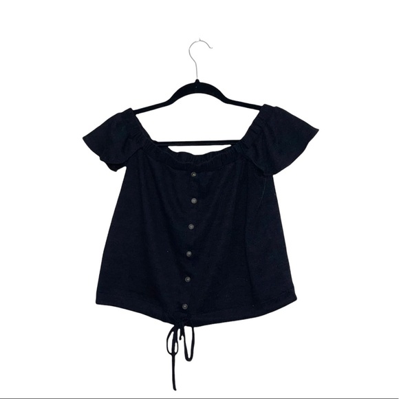 Who What Wear Black Off the Shoulder Button Tie Waist Cropped Top Xsmall Women’s - Picture 11 of 11